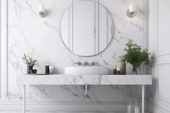 A bathroom outfitted with luxurious marble and a vessel sink