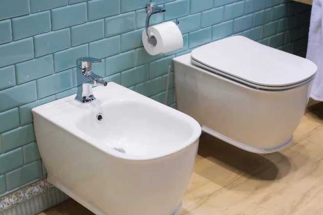 A bidet and toilet side by side.