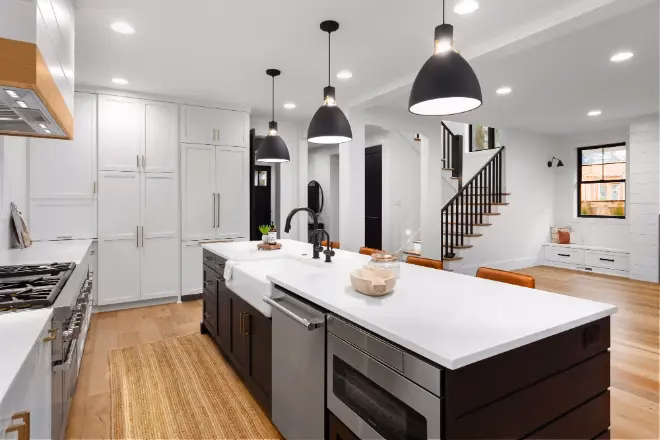 A black and white kitchen island design.