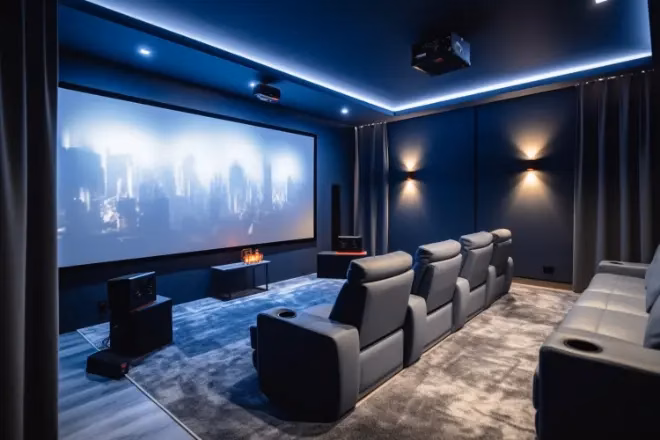 A home theater with ambient lighting