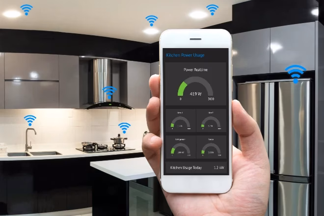 A kitchen filled with wifi enabled smart devices