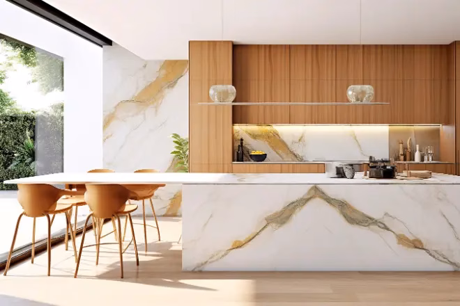 A kitchen island with integrated dining table