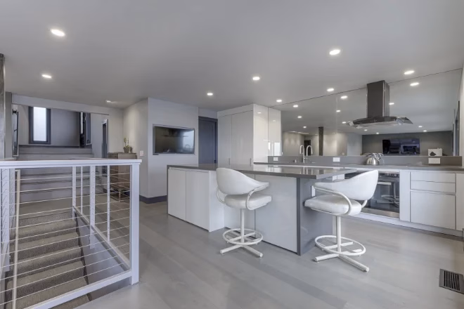A luxury kitchen remodel with high-end flooring