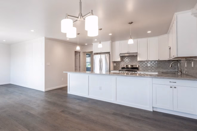 A newly remodeled kitchen in an empty house