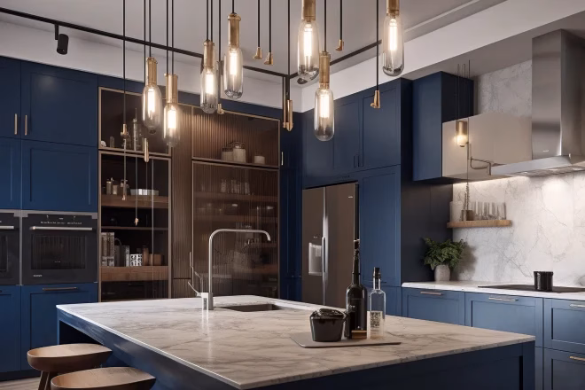 A sleek and modern kitchen with white marble countertops, navy blue cabinets, and pendant lights above the island