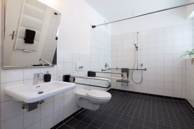 Bathroom featuring universal design elements for aging in place