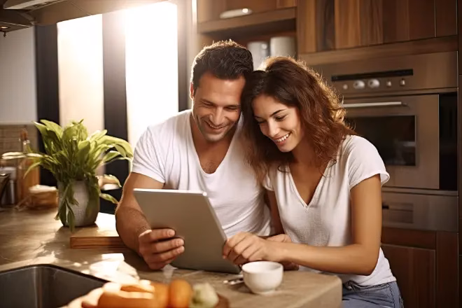 Cheerful couple sitting in the kitchen, using a tablet and enjoying each other's company in their modern home
