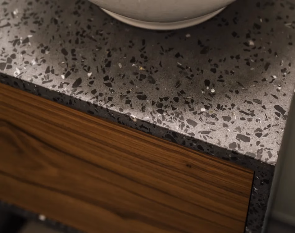 Closeup detail shot of gray terrazzo counter
