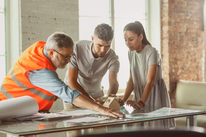 Foreman or achitect engineer shows future house, office or store design plans and model to a young couple.