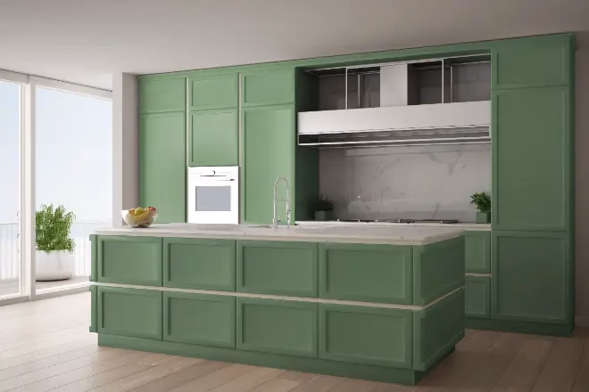 A green island in a kitchen remodel
