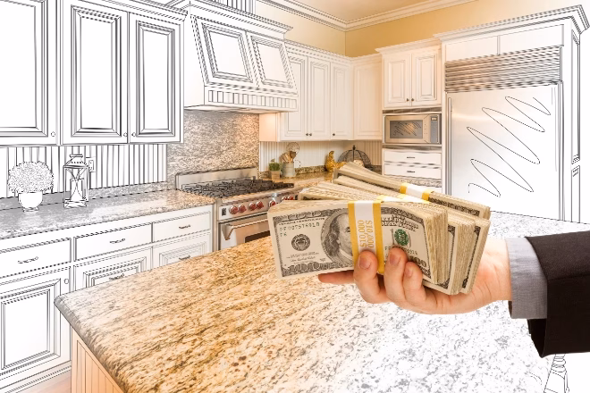 Hand Handing Cash Over Kitchen Design Drawing and Photo Combination
