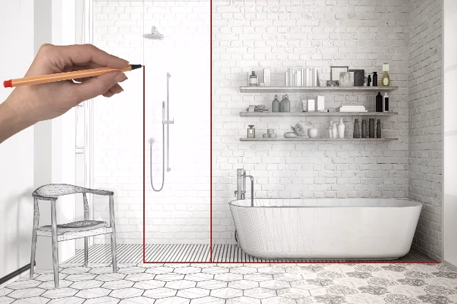 Hand drawing custom classic vintage bathroom with bathtub, shower and shelves