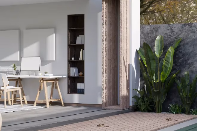 Home office addition that integrates with an outdoor living space