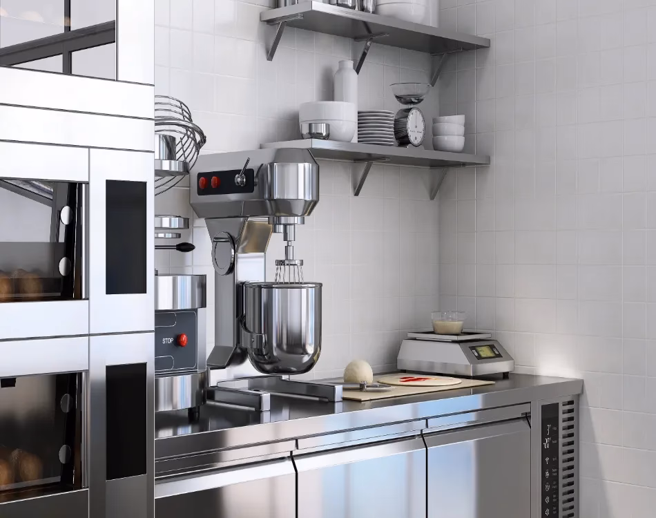 Industrial kitchen with stainless steel counters
