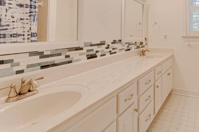 Interior bathroom double vanity backsplash tile long mirror