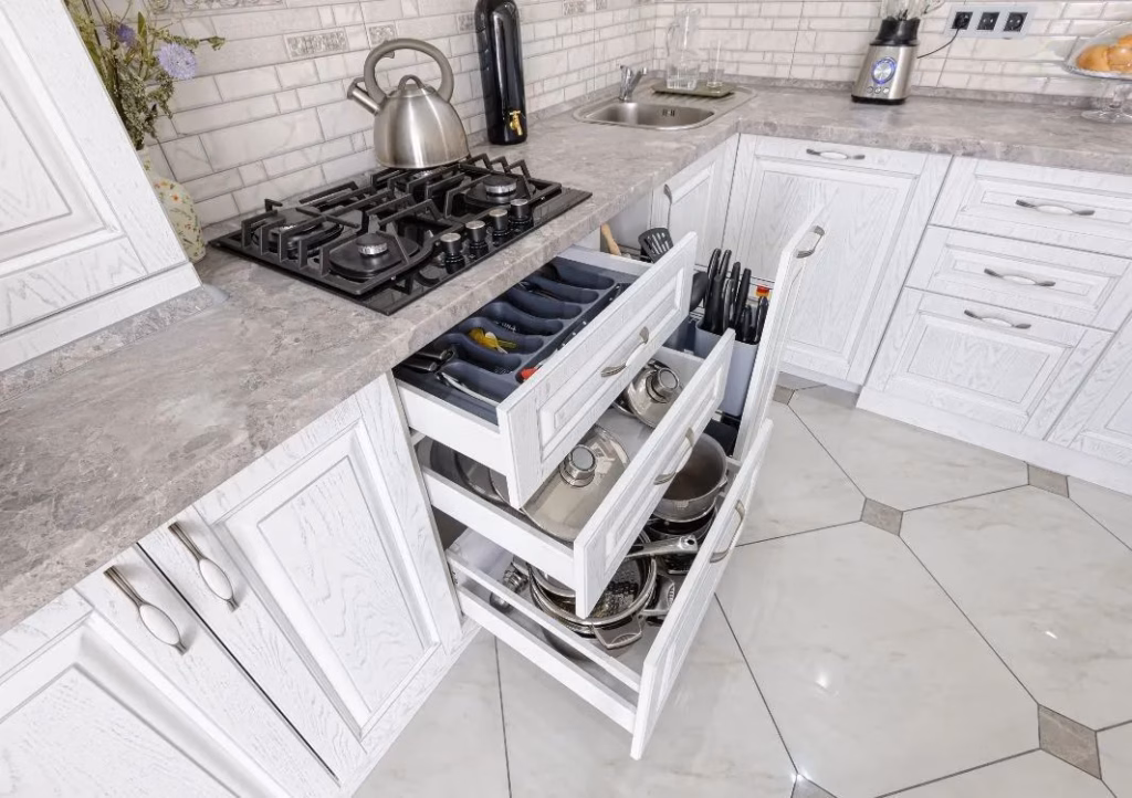 Kitchen cabinets with open drawers