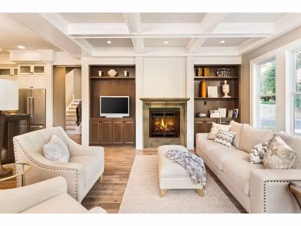 Large open concept living room with fireplace and bookcase