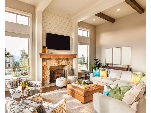 Living room with stone fireplace