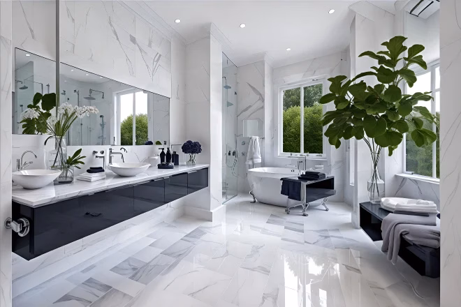 Luxury bathroom with double sinks and a large mirror.