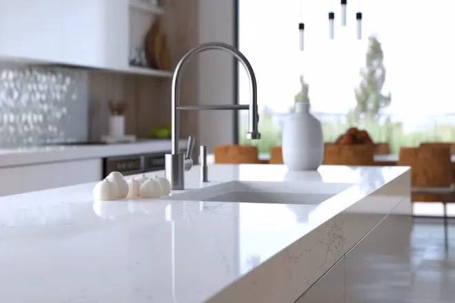 Luxury countertop material with a kitchen faucet.