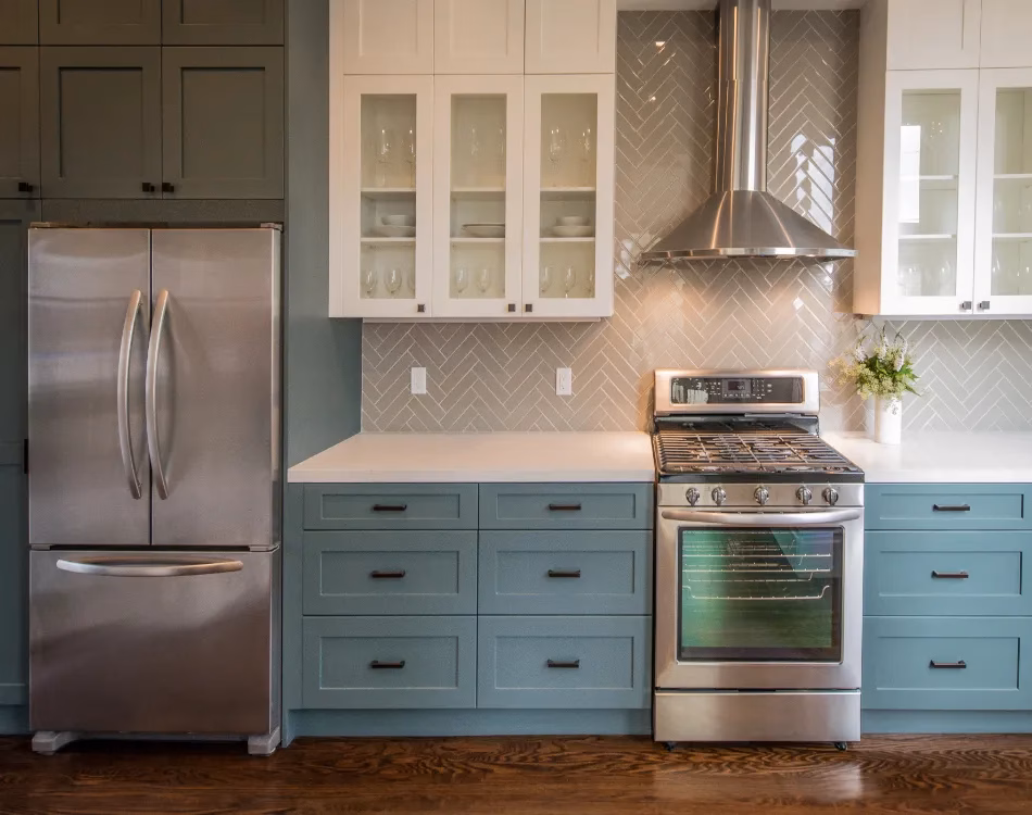 Modern Kitchen with Teal Base Cabinets.