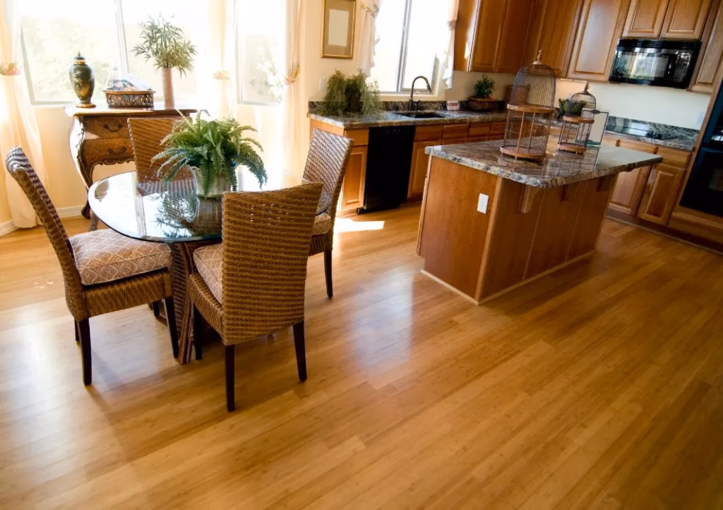 Open concept kitchen with hardwood floor
