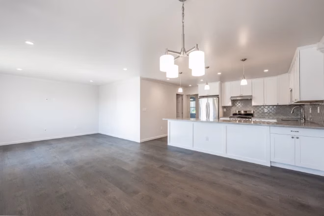 Pendant lights hanging above a kitchen island