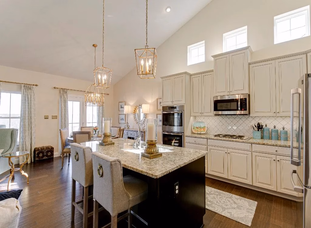 Pendant lights set high over island