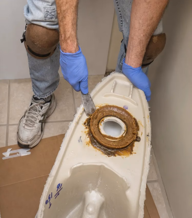 Plumber showing wax ring on toilet