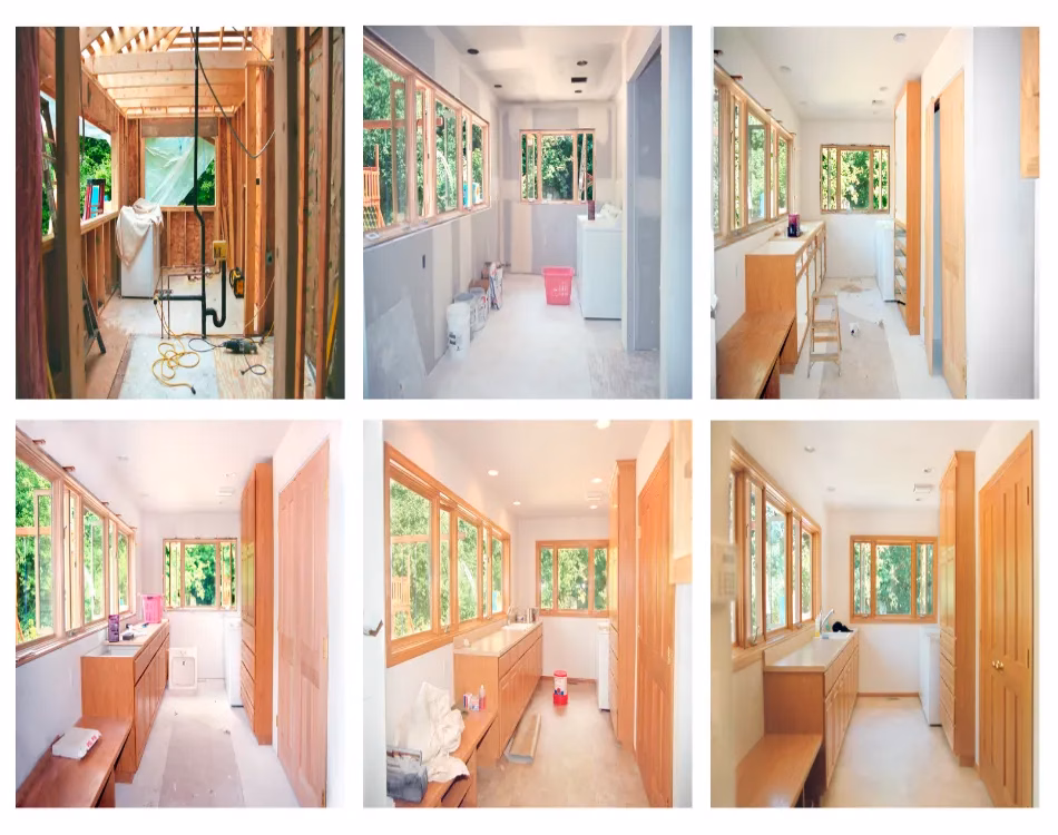 Progress of a laundry room remodel from framing through cabinets & flooring