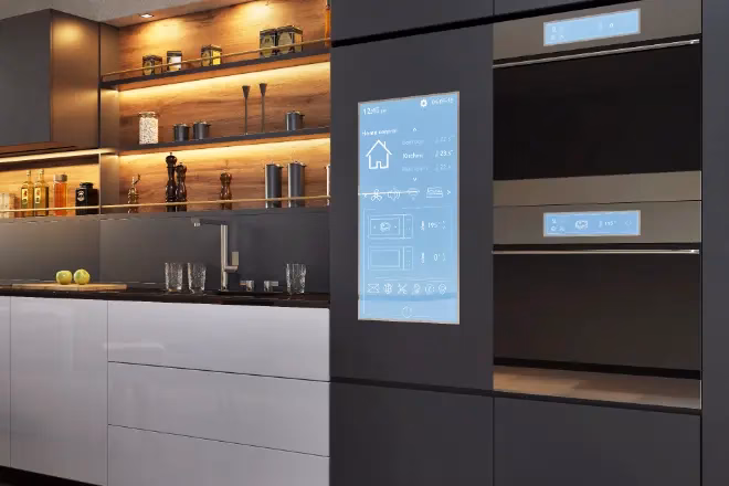 Smart home control panel in a modern kitchen