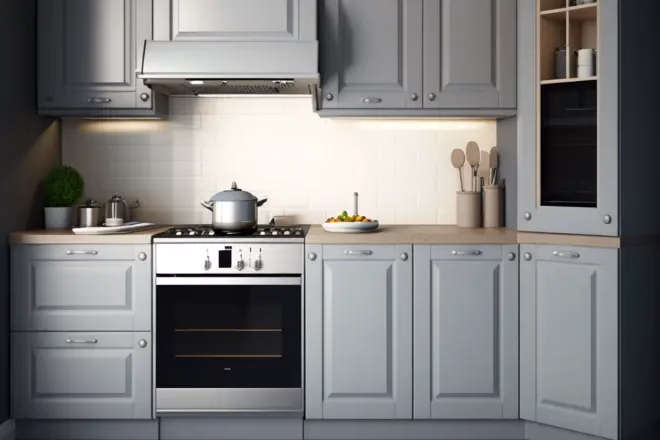 Stock cabinets, like these gray ones, tend to come in standard sizes