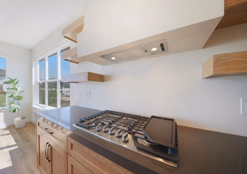 Wood floating shelves in kitchen