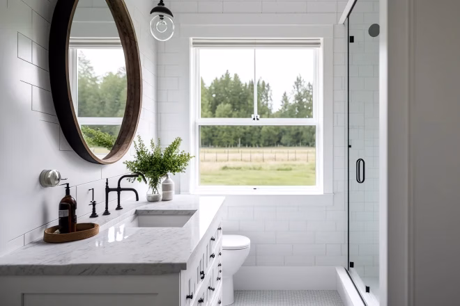 a bathroom with a view of the white subway tile shower, a white vanity, and a marble countertop in a modern farmhouse style
