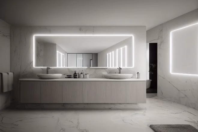 a bathroom with white cabinets and marble counter tops on the vanity in front of the sink is illuminated by recessed lights.