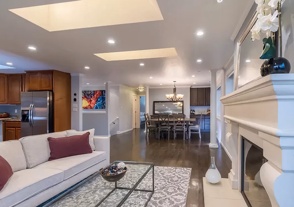 Open kitchen and living room with island seating