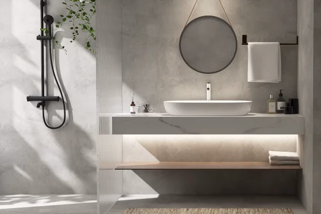 polished concrete wall, floor, white marble vanity counter, washbasin