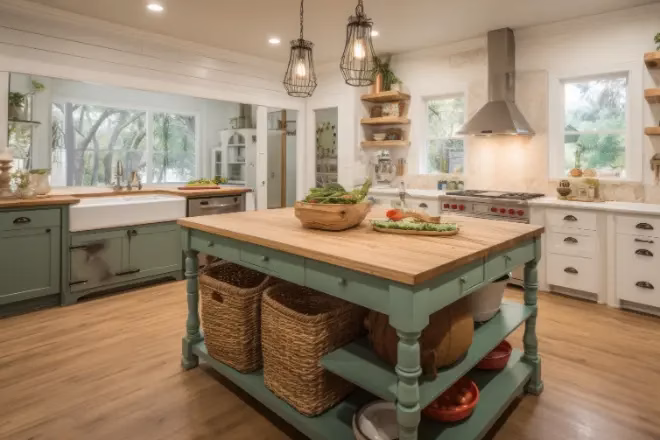 prefabricated Kitchen island decorated with Butcher block