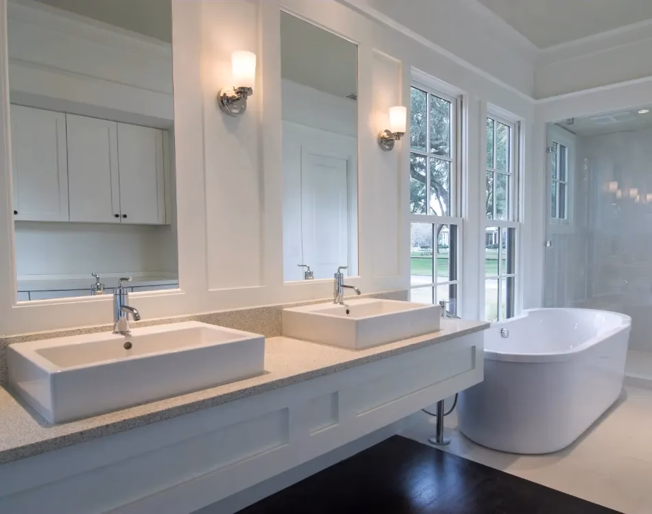 white bathroom with double sinks